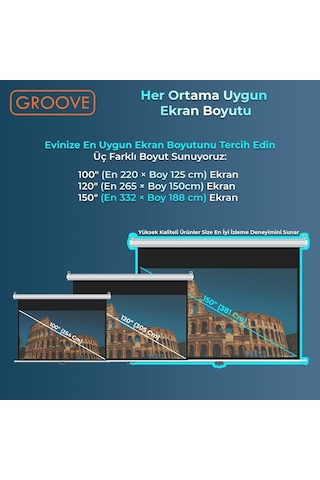 Groove Vizio Pro 150 Inch 332x188cm Blackout Işık Geçirmez Profesyonel Projeksiyon Perdesi +canlı Renkler+göz Koruması+leke Tutmaz Projector