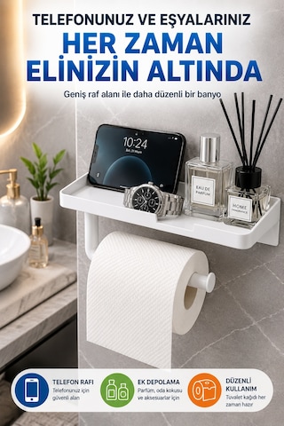 Beyaz Yapışkanlı Raflı Tuvalet Kağıdı Askılığı Delmeden Montaj Banyo Organizer Telefon Rafı Askısı