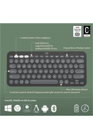 Logıtech K380s Pebble Keys 2 Çoklu Cihaz Özellikli Bluetooth Türkçe Q Klavye Gri 920-011859 Lazer