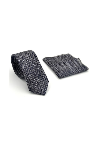 Gaffy Gri Desenli Lacivert Dokuma Kumaş Mendilli Slim Fit Kravat // Sdk-2602-2 Lacivert