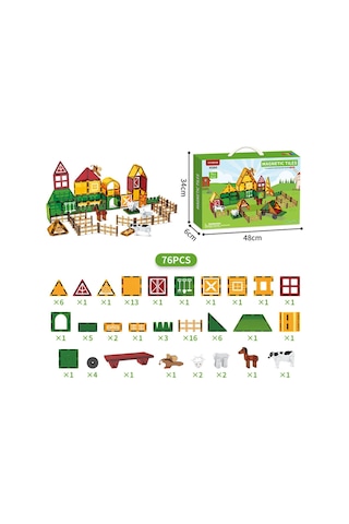 76 Parça Manyetik Çiftlik Blok Seti - 7.5 Cm Renkli Magnet Mıknatıslı Yapı Blokları, 3+ Yaş Eğitici