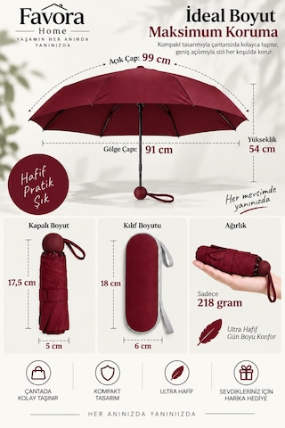 Favora Rainbox Kapsül Şemsiye - Kutulu Mini Katlanır Çanta Boy Şemsiye Bordo