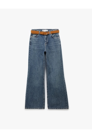 Koton Pamuklu Kemerli İspanyol Paça Denim Pantolon - Flare Jeans Koyu İndigo 6sal40138md İndigo