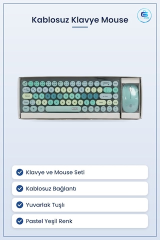 Kablosuz Klavye Mouse Set Yeşil Yuvarlak Tuşlu Masaüstü Ofis Ve E Optik