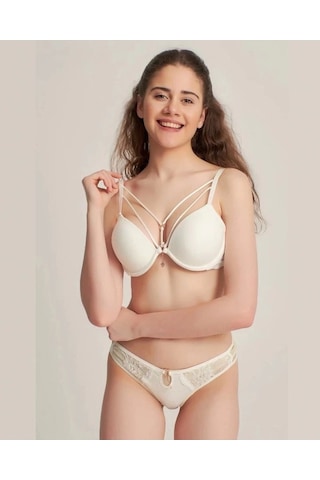 Silikonlu Taşlı Simli Sütyen Takım Ekru