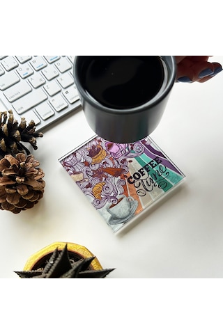 Cam Bardak Altlığı Retro Coffee 4'lü Takım Beyaz