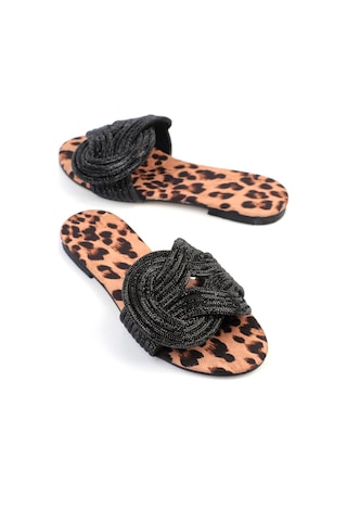 Shoetek Anwen Kadın Terlik Geçmeli Banlı Taşlı Siyah/leopar LEOPAR Kahverengi