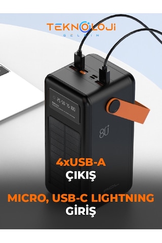 Güneş Enerjili Solar Powerbank 80.000 Mah Dijital Göstergeli El Fenerli 4 Çıkış Taşınabilir Batarya Siyah