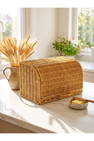 Ekmek Dolabı Kapaklı, Hasır Detaylı 35 Cm Krem