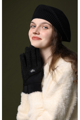 Snapbuy Unisex Kışlık, Parmak Açılır Dokunmatik, Kalın Peluş Eldiven Siyah