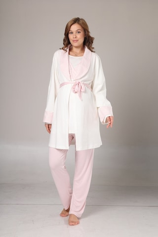 Hafsara Yeni Sezon Kendinden Desenli Kışlık Sabahlıklı Kruvaze Dantel Detaylı Lohusa Pijama Takımı Pembe
