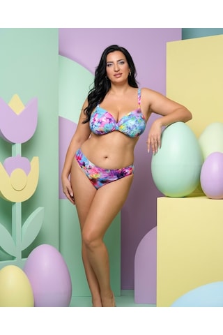 Büyük Beden Kaplı Telli Çiçek Desenli Çapraz Göğüs Tasarımlı Ayarlanabilir Askılı Kadın Bikini Takımı
