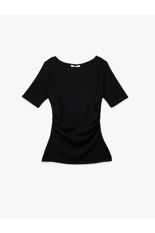 Koton Slim Fit Kısa Kollu Bisiklet Yaka Drape Detaylı Tişört Siyah 6wak50210ek SIYAH