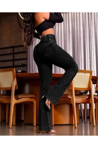 Etiler Collection Kadın Yüksek Bel Yanları Lastik Önü Düğmeli Kot Pantolon Siyah