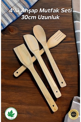 4'lü Tahta Yemek Gereçleri - 4 Boy Tahta Kaşık - Tahta Kaşık 28 Cm.-28 Cm.-32cm. Kahverengi