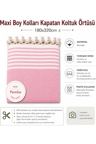 Pamuklu Kaymaz Hasır Dokuma Maxi Boy Kolları Örten Koltuk Örtüsü 180x310 - Pembe