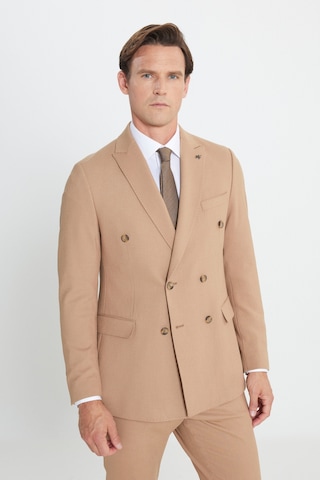 Ac&Co / Altınyıldız Classics Erkek Cml Slim Fit Dar Kesim Kırlangıç Yaka Beli Bağlamalı Çizgili Esnek Kruvaze Takım Elbise Cml Camel