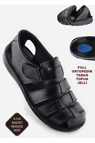 Ayakkabiburada 033 Günlük Hakiki Deri Erkek Sandalet Ayakkabı Siyah
