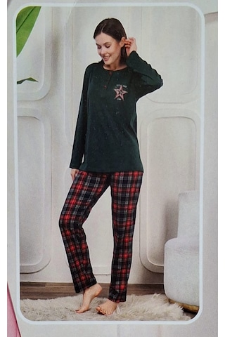 Miss Melina % 100 Pamuk Uzun Kol Kadın Pijama Takımı Ekoseli Yeşil Ekose