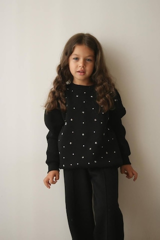 Kız Çocuk Siyah 3 İplik Şardonlu Takım Yıldız Desenli Sweatshirt & Rahat Eşofman Altı Siyah