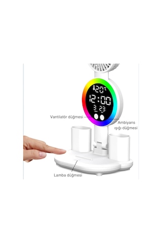 Shopytech Çift Başlıklı Led Masa Lambası Fanlı Dijital Saatli Rgb Ambiyans Dokunmatik Type-c Şarjlı Çok Renkli