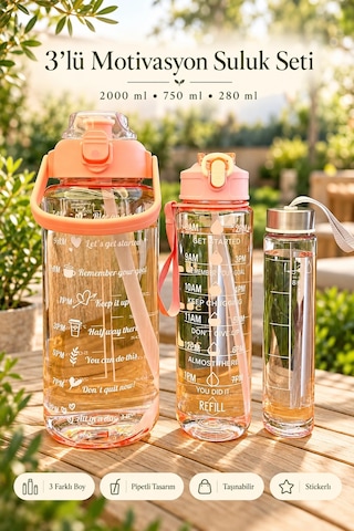 Madamev 3lü Motivasyonel Suluk Matara Seti 2000+750+280 Ml Pipetli Stickerlı Askılı Spor Ve Okul Su Çok Renkli