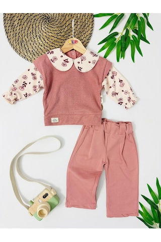 Bahrain Triko Örmeli Çiçek Yaka Ve Kol Detaylı Arkadan Çıtçıtlı Mevsimlik 2 Parça Takım Gül Kurusu