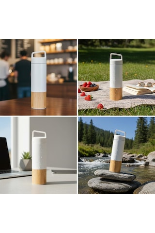 600 Ml Bambu Tabanlı Kulplu Çelik Termos Mug - 5 Renk Seçenekli Sıcak/soğuk Tutucu Seyahat Bardağı Beyaz Çok Renkli