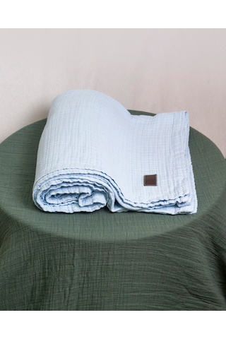4 Katlı Müslin Yatak Örtüsü - Battaniye Pike %100 Organik Pamuk Dört Mevsim Yumuşak Çift Kişilik Açık Mavi