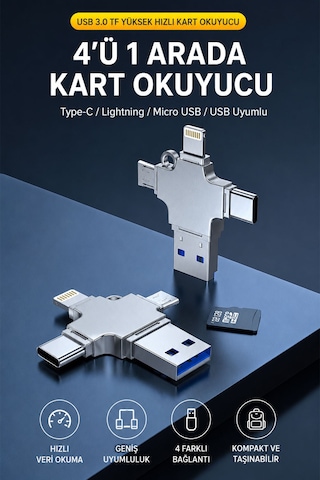 4ü 1 Arada Tf Kart Okuyucu, Type-c Lightning Micro Usb Usb 3.0 Bağlantılı Otg Adaptör, 5gbps Hızlı Veri Aktarımı, Telefon Tablet Pc Uyumlu, Metal Gövde D509