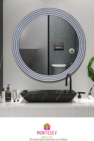 Zümrüt Ahşap Gümüş Yuvarlak Ayna Işlemeli Duvar Banyo Aynası 43cm Gümüş