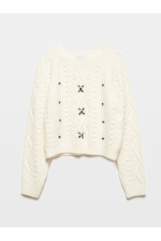 Dilvin 10462 Bisiklet Yaka Önü Taş İşlemeli Kazak Ekru