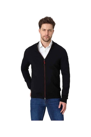 Woolona Tola Merinos Yünü Erkek Fermuarlı Sweater Siyah
