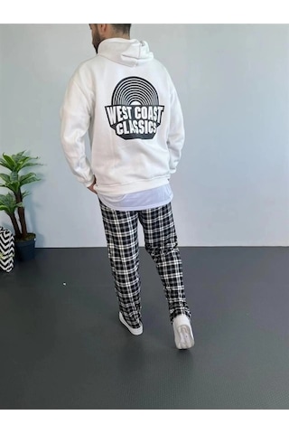 Novalisse Erkek 3 İplik Pamuklu Kapüşonlu Baskılı Cepli Oversize Sweatshirt Hoodie - Beyaz Çoklu Renk