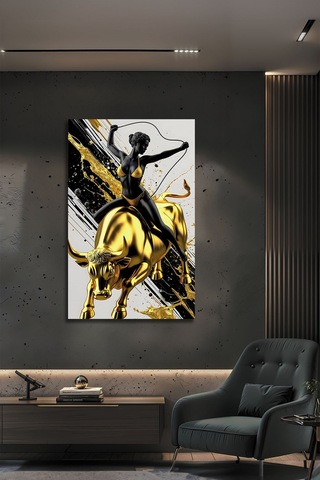 Altın Boğa Ve Modern Kadın Sanat Temalı Dekoratif Lüks Cam Tablo Portre Temalı Dekoratif Duvar Tablosu, Salon Ve Yatak Odası Dekoru,