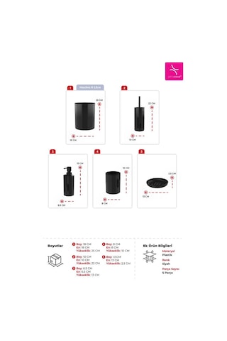 Primanova Flores 5'li Banyo Seti - Siyah Siyah