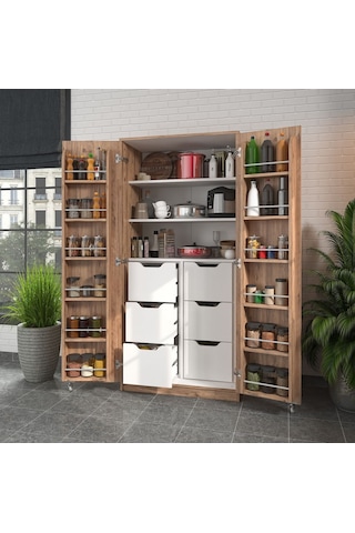 165 Derece Açılabilir 2 Kapaklı, 6 Çekmeceli, Kavanoz Raflı Kiler Ve Erzak Mutfak Dolabı Atlantik Çam