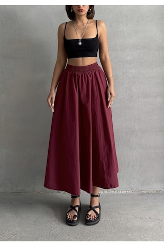 Kadın Beli Lastikli Dokuma Kloş Etek Bordo