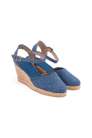 Gerçek Elişi Topuğu Açık Bilekten Bantlı Dolgu Topuk Keten Hasır Espadril Handmade Mavi