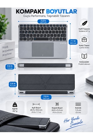 Alüminyum Şarjlı 64 Tuşlu Türkçe Q Klavye Deri Standlı Katlanabilir Bluetooth Dokunmatik Touchpad