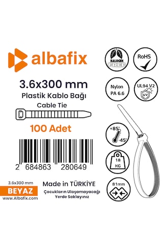 3.6x300 Mm Beyaz Plastik Kablo Bağı Klipsi Cırt Kelepçe 100 Lü Paket 3.6 X 300mm- Beyaz