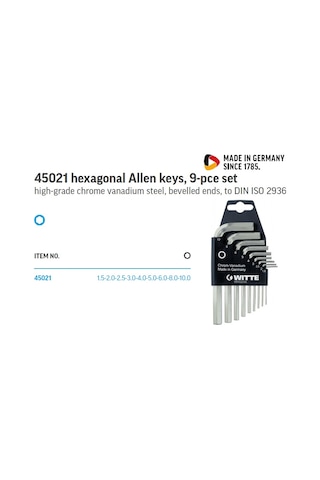 Alman Witte Allen Anahtar Takımı 9 Parça 1 5-10 Mm Alyan Seti