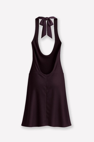 Kadın Boyundan Bağlamalı Sırt Dekolteli Saten Elbise Mürdüm