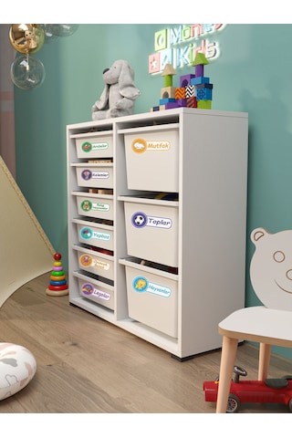 Beyza 9 Sepet Stickerlı Çok Amaçlı Dolap Oyuncak Dolabı Beyaz Beyaz
