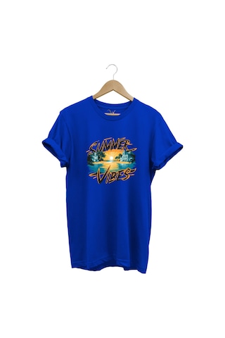 Summer Vibes Baskılı Yazlık Tatil Deniz %100 Pamuk Regular Fit Bisiklet Yaka Mavi T-shirt Mavi