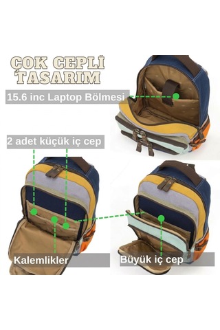 Cappadocia Vintage 4022 Vintage Sırt Çantası, 15.6 İnç Bilgisayar Bölmeli, Geniş Hacimli Hakiki Deri Detaylı Pamuklu Okul Ve Seyahat Çantası Turuncu Sarı Siyah