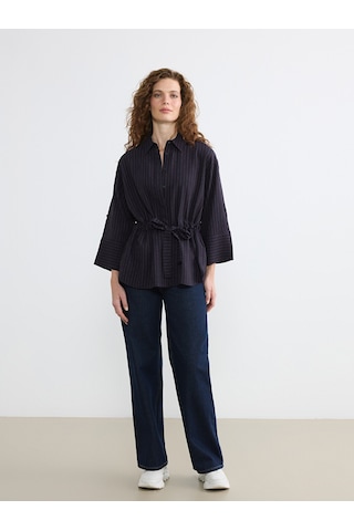 Lcw Everyday Lacivert Çizgili Bağlamalı Oversize Kadın Gömlek