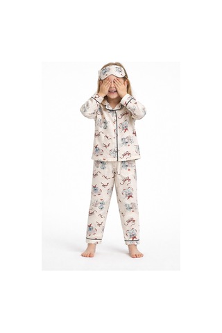 Beka Kids Ekru Desenli Uzun Kollu Önden Düğmeli Gömlek Yaka Kız Çocuk Pijama Takımı Ve Göz Bandı