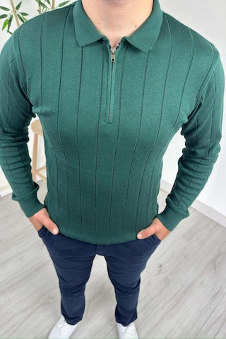 Explode - Erkek Yeşil Çizgili Fermuarlı Polo Yaka Triko Kazak Yeşil