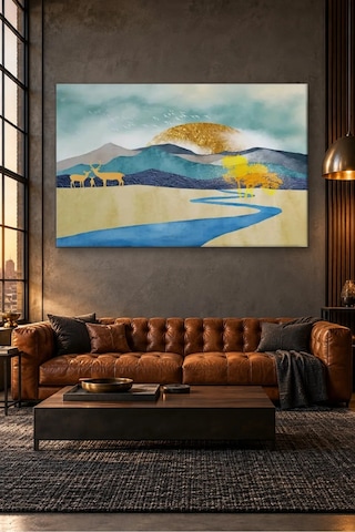 Fida Altın Güneş Ve Mavi Nehir Kıyısında Geyik Ailesi Canvas Tablo Çok Renkli